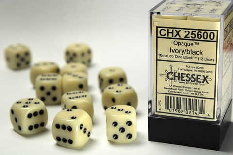 Chessex Dice Sets: Ivory/Black Opaque 16mm d6 (12)
