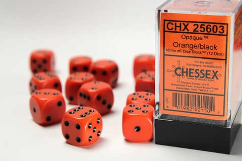 Chessex Dice Sets: Orange/Black Opaque 16mm d6 (12)