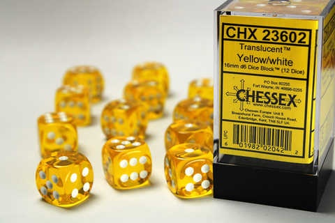 Chessex Dice Sets: Yellow/White Translucent 16mm d6 (12)