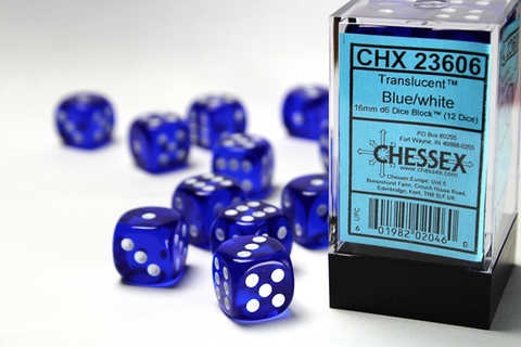 Chessex Dice Sets: Blue/White Translucent 16mm d6 (12)