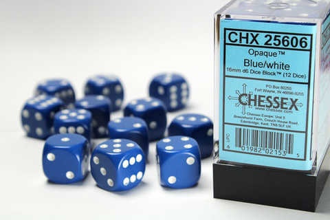 Chessex Dice Sets: Blue/White Opaque 16mm d6 (12)