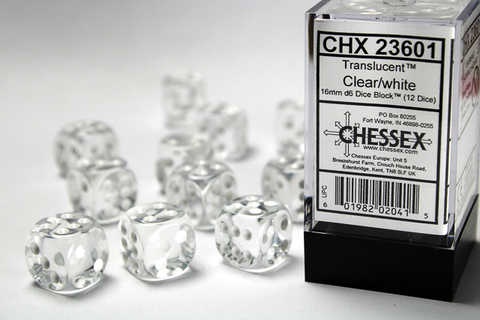 Chessex Dice Sets: Clear/White Translucent 16mm d6 (12)