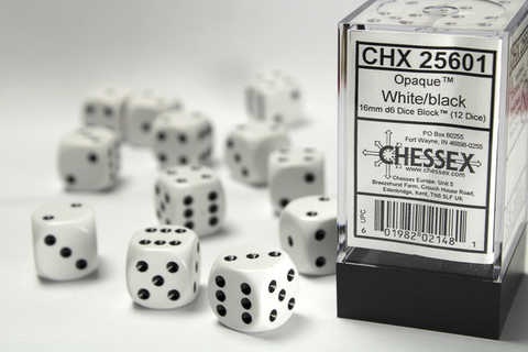 Chessex Dice Sets: White/Black Opaque 16mm d6 (12)