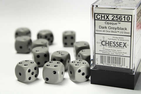 Chessex Dice Sets: Dark Grey/Black Opaque 16mm d6 (12)