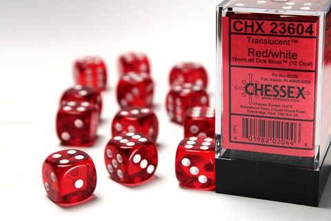 Chessex Dice Sets: Red/White Translucent 16mm d6 (12)