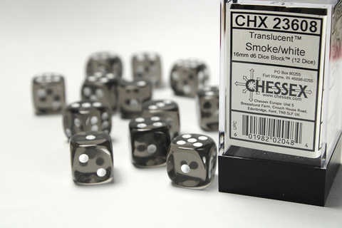 Chessex Dice Sets: Smoke/White Translucent 16mm d6 (12)