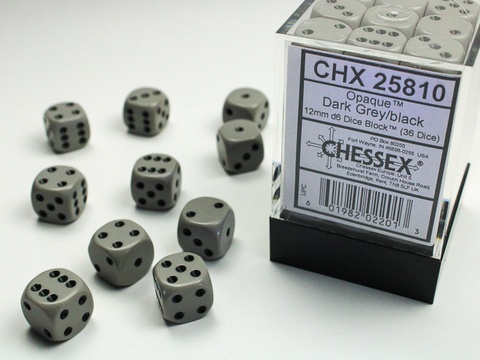 Chessex Dice Sets: Dark Grey/Black Opaque 12mm d6 (36)